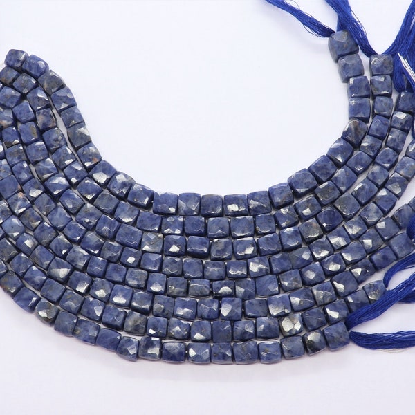 AAA Natural Sodalite Faceted Cube Beads Necklace, 7-7.5 MM Sodalite Box Beads, 8" Sodalite 3D Cubes Beads Blue Semi Precious Square Beads