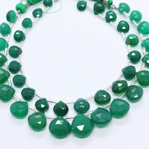 AAA Natural Green Onyx Faceted Heart Shape Beads, 7-9 MM Onyx Briolettes, 7 Inch Natural Green onyx Heart Beads