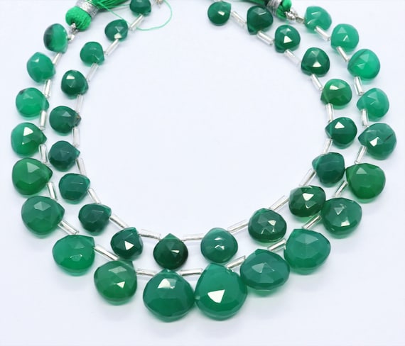 AAA Natural Green Onyx Faceted Heart Shape Beads, 7-9 MM Onyx Briolettes, 7 Inch Natural Green onyx Heart Beads