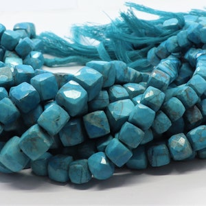 Natural Turquoise Faceted Cube Shape Beads, 7.5-8 MM Indian Turquoise Box Gemstone Beads, 8 Inch Faceted Turquoise Square Beads Strand