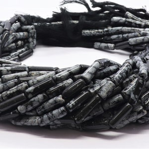 AAA Natural Black Obsidian Smooth Pipe Shape Beads, 5x14 MM Plain Obsidian Beads, 13 Inch Smooth Black Obsidian Tube Square Pipe Beads