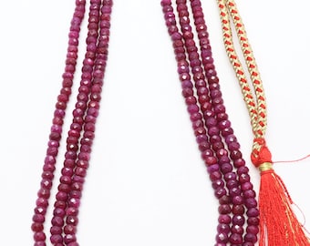 3 Strand Ruby Faceted Rondelle Beads Necklace, 4.5-5 MM African Corundum Ruby Beads, 17-19 Inch Corundum Ruby Necklace