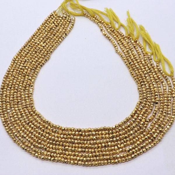 AAA Natural Golden Pyrite Faceted Rondelle Beads, 3-3.5 MM Coated Pyrite Beads, 13 inch Wholesale Rondelle Golden Coated Pyrite Beads