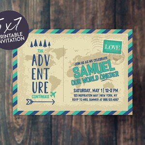 Adventure First Birthday Einladung, ReiseGeburtstagSeinladung, Postkarte, Jungen zuerst, Mädchen erster Geburtstag, Abenteuer Einladung