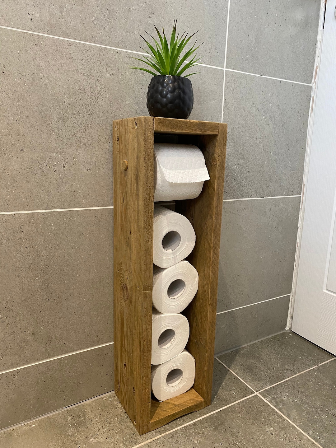 Handmade Wooden Toilet Roll Holder With Shelf Free Standing Bathroom Storage Shower Room Storage ...