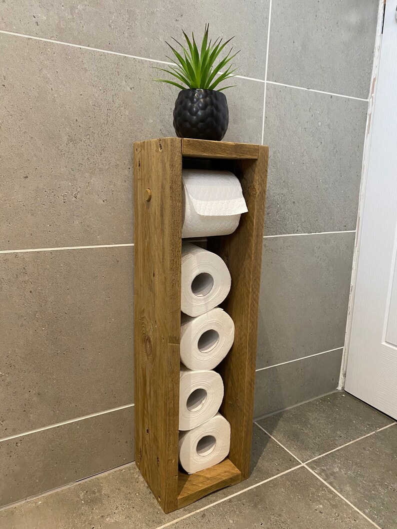 Handmade Wooden Toilet Roll Holder With Shelf Free Standing Etsy