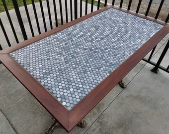 Custom Ipe Wood & Penny Tile Mosaic Patio Table - Mid Century Modern Walnut