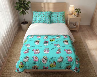 Summerween Quilt Cover Set | Halloween Ghost Bedding | Spooky Beach Duvet Cover | Teal Halloween Bedroom Decor | Pillow Cases Included