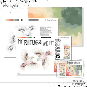 Puede incluir: Un diseño digital imprimible con dos pájaros en vuelo con el texto "My Refuge and My Fortress" y "31 Days of Prayer" en un estilo acuarela.