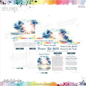 Pode incluir: Uma página de devoção cristã imprimível com um fundo de aquarela de nuvolens e um raio de sol. O texto diz "Jesus acalma a tempestade" e "Paz, fique quieto." A página é projetada para manter um diário e inclui espaço para escrever.