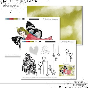 Può includere: Un biglietto di Natale stampabile digitale con uno sfondo ad acquerello in colori verde e giallo. Il biglietto include una citazione da Luca 1:26, "Alla moglie con di Elisabetta, l'angelo Gabriele apparve in una città chiamata Nazareth." Il biglietto include anche un'illustrazione in bianco e nero di una farfalla con un cuore e stelle.