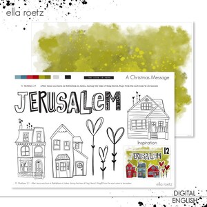 Può includere: Una pagina da colorare stampabile in bianco e nero con la parola "Gerusalemme" in grandi lettere. La pagina include un messaggio di Natale, una casa e cuori. Il testo "Il Re è qui" è incluso.