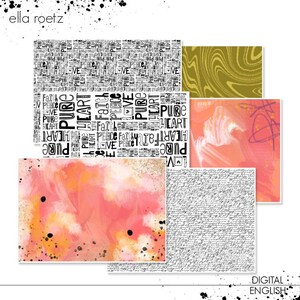 May include: Digital paper pack with four different designs. The designs include a pink and orange watercolor background, a white background with black text, a yellow and green swirl pattern, and a pink background with white text.