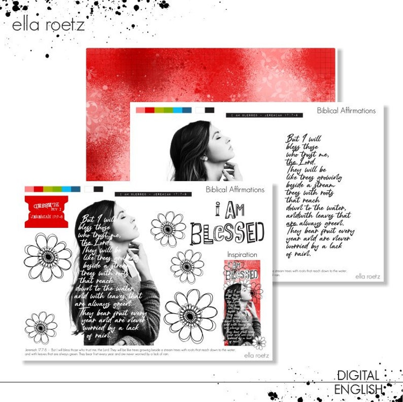 May include: A digital printable design featuring a black and white image of a woman with a floral background. The design includes the text "I am Blessed" and "Biblical Affirmations".