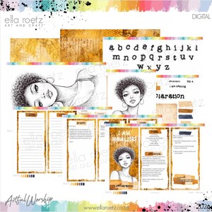 May include: Digital art print featuring sketches of women, alphabet letters, and text. The artwork includes the words "I AM HEALING" and "declaration". The color palette includes gold, brown, and blue tones, with a watercolor effect.