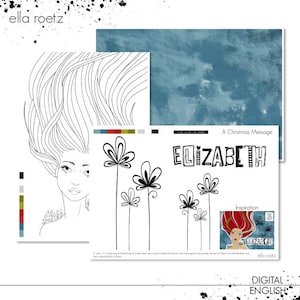 Può includere: Un download digitale stampabile in bianco e nero con un'illustrazione stilizzata di una donna con i capelli fluenti e un messaggio di Natale che recita "A Christmas Message ELIZABETH". Il design include anche una citazione dalla Bibbia, Luca 1:5, e le parole "Inspiration" e "ella roetz".