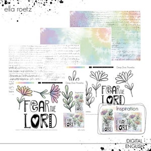 Puede incluir: Papel digital imprimible para scrapbooking con un fondo tie-dye y el texto "Deep Dive: Proverbs" y un diseño floral con el texto "Fear the Lord".
