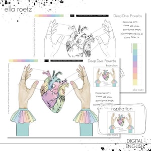 Puede incluir: Un imprimible digital que presenta un corazón con flores y hojas coloridas, rodeado de dos manos que sostienen cuerdas. El texto "Deep Dive: Proverbs Inspiration" y "Proverbs 4:23 - Above all else, guard your heart, for everything you do flows from it." está incluido en el diseño. El nombre del artista "ella roetz" también está incluido.
