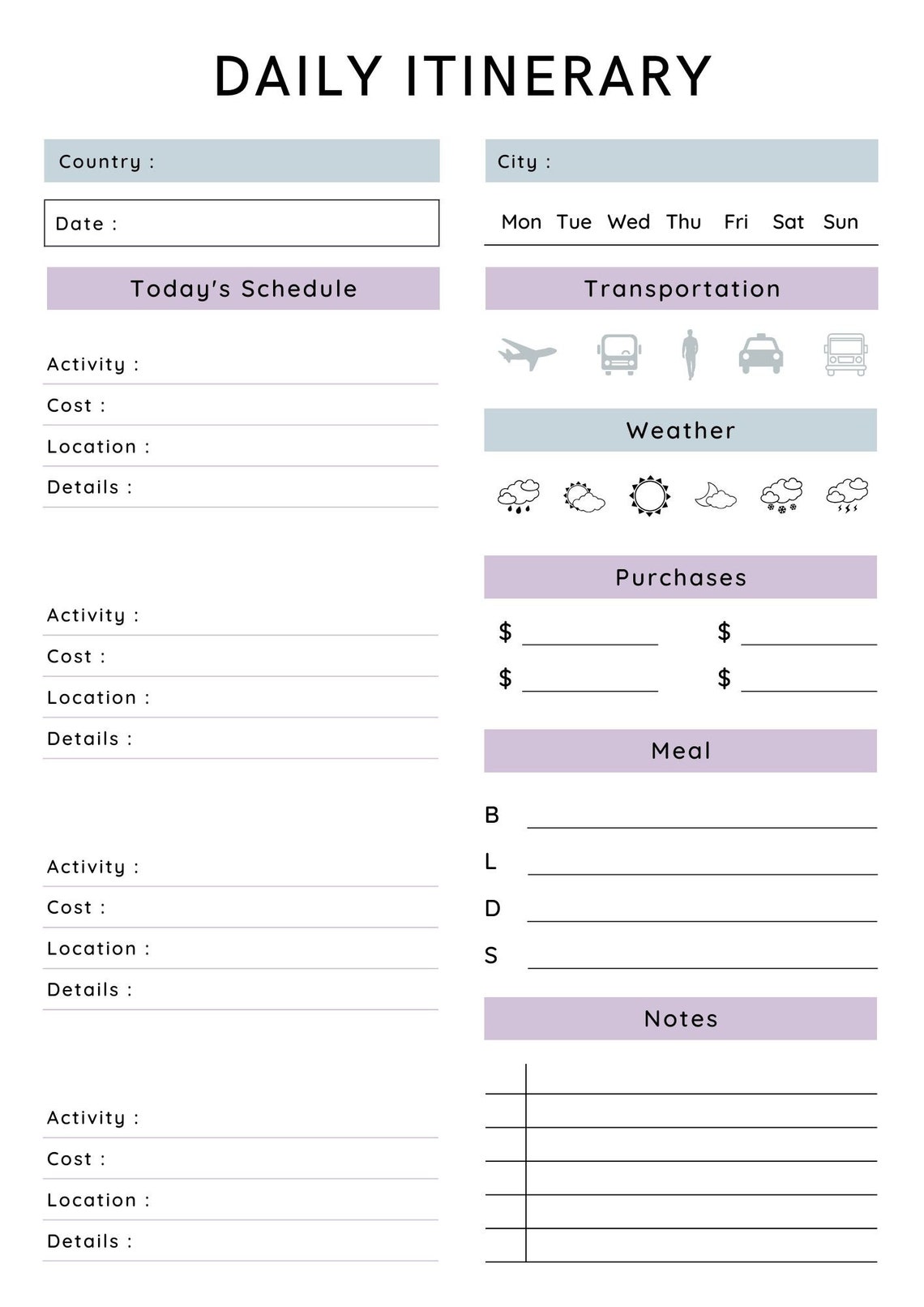 Daily Itinerary, Day to Day Itinerary Planner, Travel Planner, Daily ...