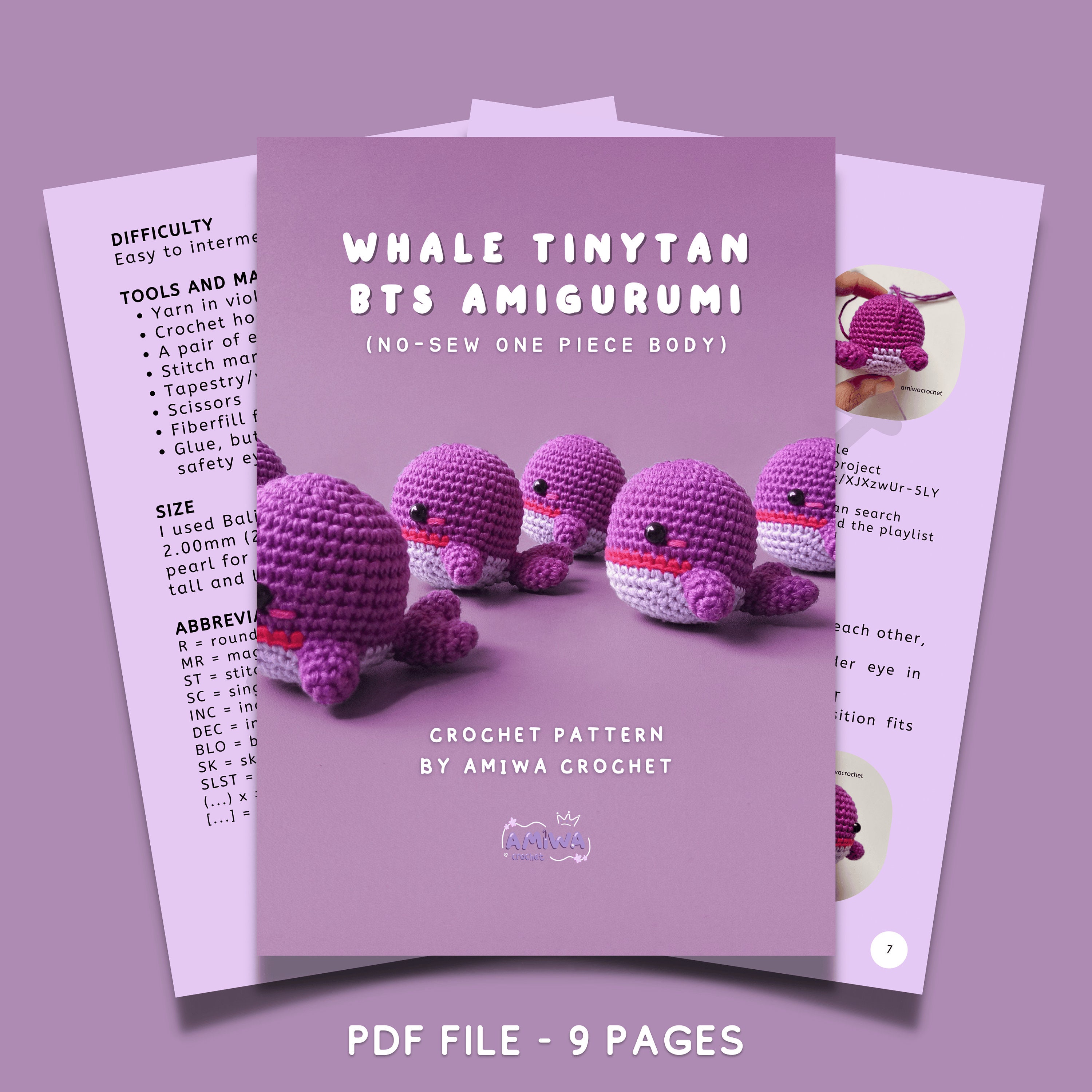 PDF : クジラ BTS かぎ針編み、ホエール BTS かぎ針編みパターン