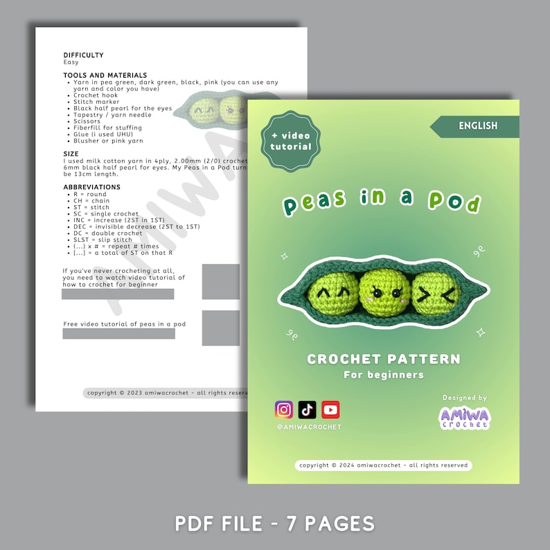 Pu&ograve; includere: Schema di uncinetto per realizzare piselli in un baccello. Lo schema include istruzioni per realizzare tre piselli con facce carine e un baccello verde. Lo schema &egrave; per principianti e include un tutorial video gratuito. Lo schema &egrave; stato progettato da Amiwa Crochet.