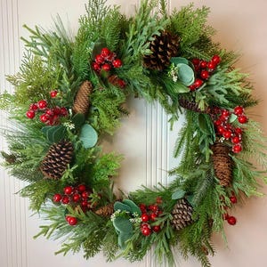 Winter Greenery Wreath for Front Door, Christmas Berry and Pinecone Grapevine Wreath, Cypress, Pine, Cedar,Fir, Eucalyptus Front Door Wreath