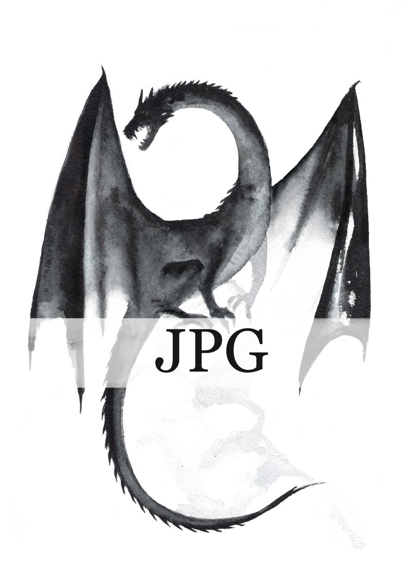 Black Dragon Printable Watercolor Dragon Black Drawing Etsy