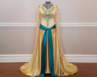 Elven Wedding Dress, Medieval Dress, Celtic Dress, Game of Thrones, Lord of Rings: Satin A-Line, Embroidery, Chiffon Sleeves, Train & Corset