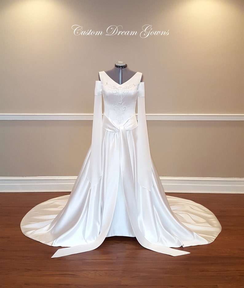 Medieval Wedding Dress, Elven Dress, Celtic, Game of Thrones, Lord of Rings: Satin A-Line, VNeck, Embroidery, Chiffon Sleeves, Train, Corset image 1