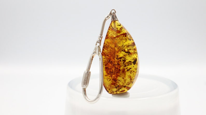 Natural Genuine Baltic Amber Key Chain with Fly Fossil Inside Amber Keychain 925 Sterling Silver Chain
