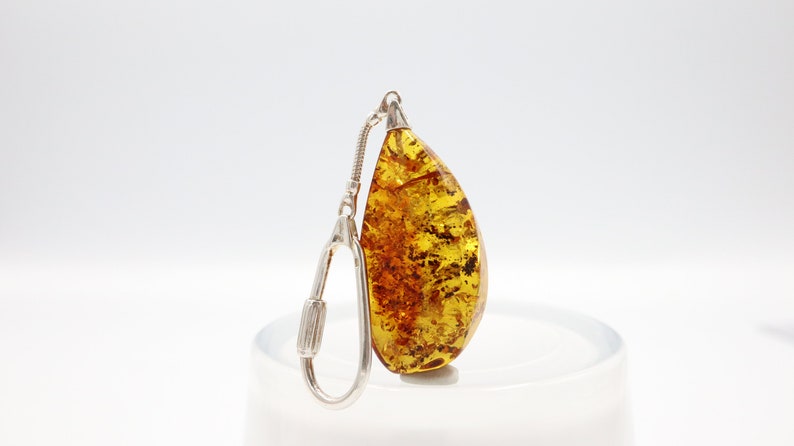 Natural Genuine Baltic Amber Key Chain with Fly Fossil Inside Amber Keychain 925 Sterling Silver Chain