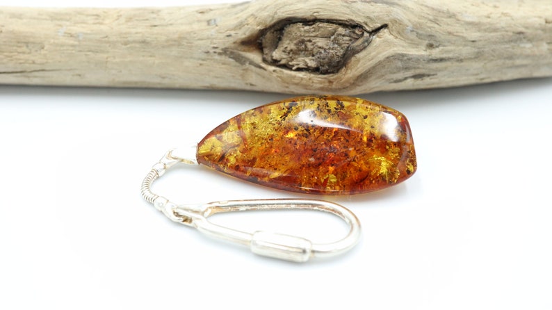 Natural Genuine Baltic Amber Key Chain with Fly Fossil Inside Amber Keychain 925 Sterling Silver Chain