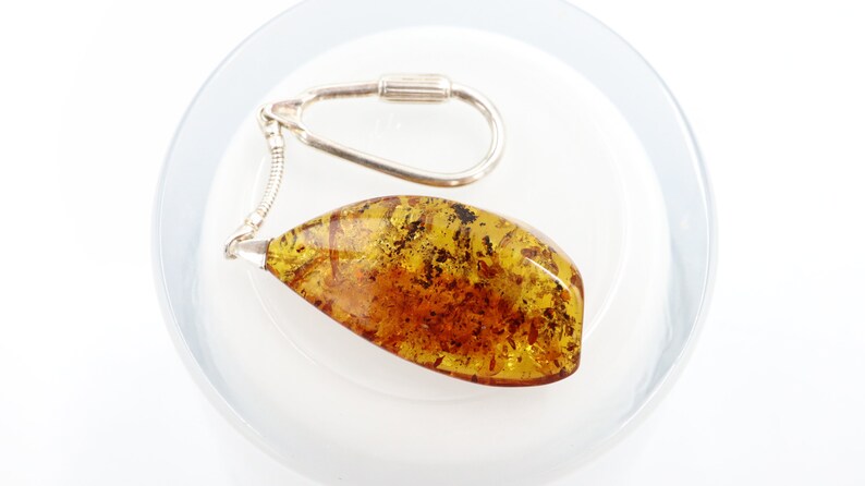 Natural Genuine Baltic Amber Key Chain with Fly Fossil Inside Amber Keychain 925 Sterling Silver Chain