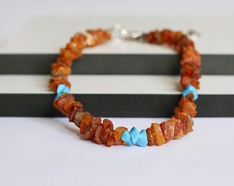Amber Collar for Dogs and Cats ALL SIZES with Turquoise Gemstones | Anti Ticks and Fleas Amber Collar | Made from Natural Raw Amber