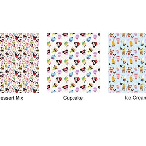 May include: Three different patterns of colourful dessert-themed designs. The first pattern is a white background with a mix of cupcakes, ice cream cones, Mickey Mouse ears, and other dessert-themed icons. The second pattern is a white background with a pattern of cupcakes. The third pattern is a light blue background with a pattern of ice cream cones.