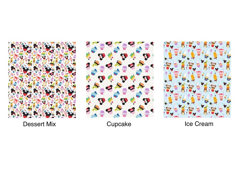 May include: Three different patterns of colourful dessert-themed designs. The first pattern is a white background with a mix of cupcakes, ice cream cones, Mickey Mouse ears, and other dessert-themed icons. The second pattern is a white background with a pattern of cupcakes. The third pattern is a light blue background with a pattern of ice cream cones.