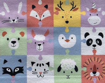 Animal Puzzle Print Flannel / 100% Soft Cotton Fabric /  1 Yard