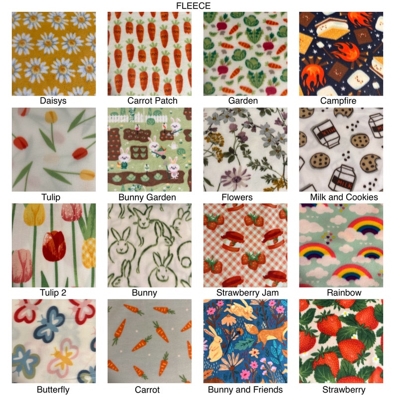 May include: A collection of 16 different fleece fabric swatches with various patterns, including daisies, carrots, a garden scene, a campfire, tulips, bunnies, flowers, milk and cookies, strawberries, rainbows, butterflies, and a bunny and friends design.