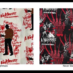 K&ouml;nnte beinhalten: Zwei Stoffmuster mit unterschiedlichen Mustern, die Freddy Krueger aus dem Film "Nightmare on Elm Street" zeigen. Das erste Muster ist wei&szlig; mit rotem Text und einem roten und schwarzen Freddy Krueger-Bild. Das zweite Muster ist schwarz mit rotem Text und einem roten und schwarzen Freddy Krueger-Bild. Der Text auf beiden Mustern lautet "A Nightmare on Elm Street" und "Never Sleep Again".
