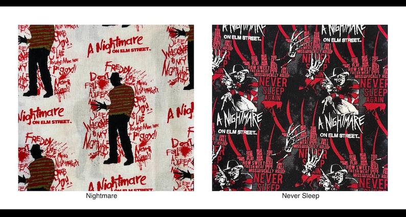 K&ouml;nnte beinhalten: Zwei Stoffmuster mit unterschiedlichen Mustern, die Freddy Krueger aus dem Film "Nightmare on Elm Street" zeigen. Das erste Muster ist wei&szlig; mit rotem Text und einem roten und schwarzen Freddy Krueger-Bild. Das zweite Muster ist schwarz mit rotem Text und einem roten und schwarzen Freddy Krueger-Bild. Der Text auf beiden Mustern lautet "A Nightmare on Elm Street" und "Never Sleep Again".