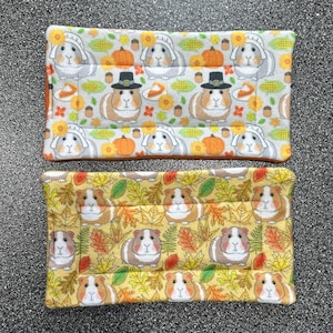May include: Two rectangular pet bed pads. The top pad has a grey background with a pattern of guinea pigs, pumpkins, and flowers. The bottom pad has a yellow background with guinea pigs and autumn leaves. Both pads have a white border.