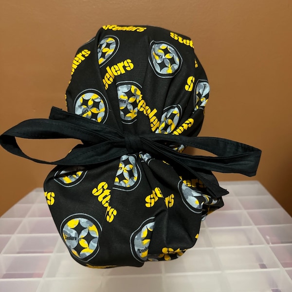 Steelers Surgical Scrub Cap  Health Care Scrub Cap | Ponytail Scrub Cap | Surgical Cap for Hair | Nurse Scrub Cap | Scrub Cap Reversible