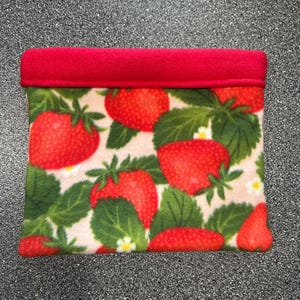 May include: A red fleece pet bed with a strawberry pattern. The bed features a red border and a cream-colored background with large red strawberries, green leaves, and small white flowers. The bed is designed for small pets.