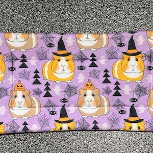 May include: Purple fabric with a repeating pattern of guinea pigs wearing witch hats and holding pumpkins. The guinea pigs are orange and white with black eyes and noses. The background is a light purple with black spiderwebs and bats.