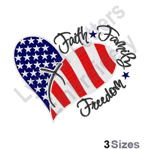 May include: An embroidered design of a heart-shaped American flag with the words "Faith, Family, Freedom" surrounding it.