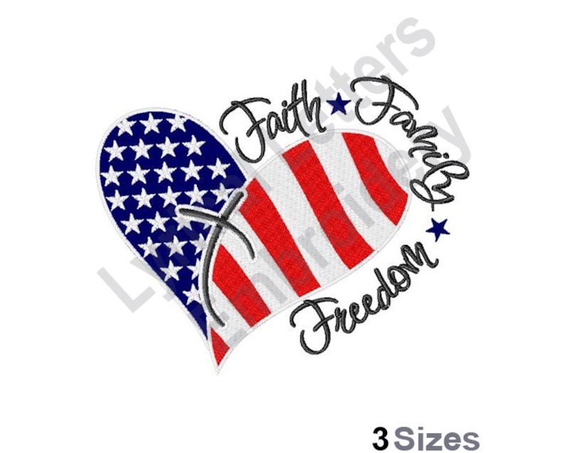 May include: An embroidered design of a heart-shaped American flag with the words "Faith, Family, Freedom" surrounding it.