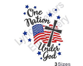 May include: Embroidered design featuring an American flag with a cross, surrounded by blue stars. The text "One Nation Under God" is written in black cursive.