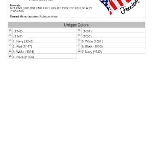 May include: An embroidery design featuring a heart-shaped American flag with the text "Faith Family Freedom". The design includes seven colors: navy, red, white, and black. The design is 3.20 inches by 4.01 inches and has 16,249 stitches.