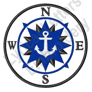 May include: A blue and black compass with an anchor in the center. The compass points north, south, east, and west.