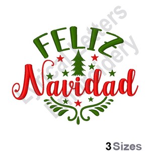 Może przedstawiać: Wzór haftu w kolorze czerwonym i zielonym z tekstem "Feliz Navidad" i małym zielonym drzewem bożonarodzeniowym z czerwonymi gwiazdami.